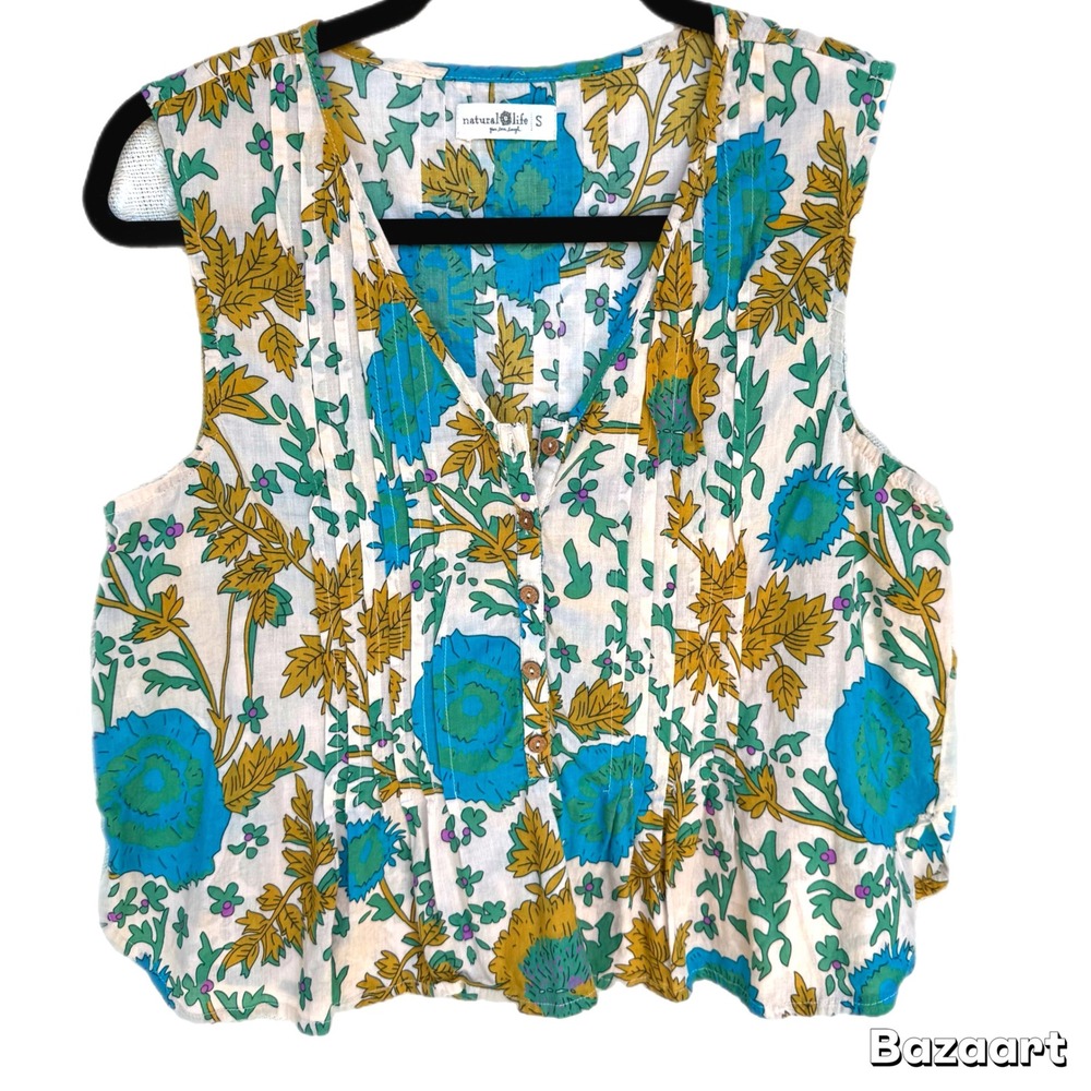 NATURAL LIFE Cream Tank Top with Blue and Mustard Floral Print